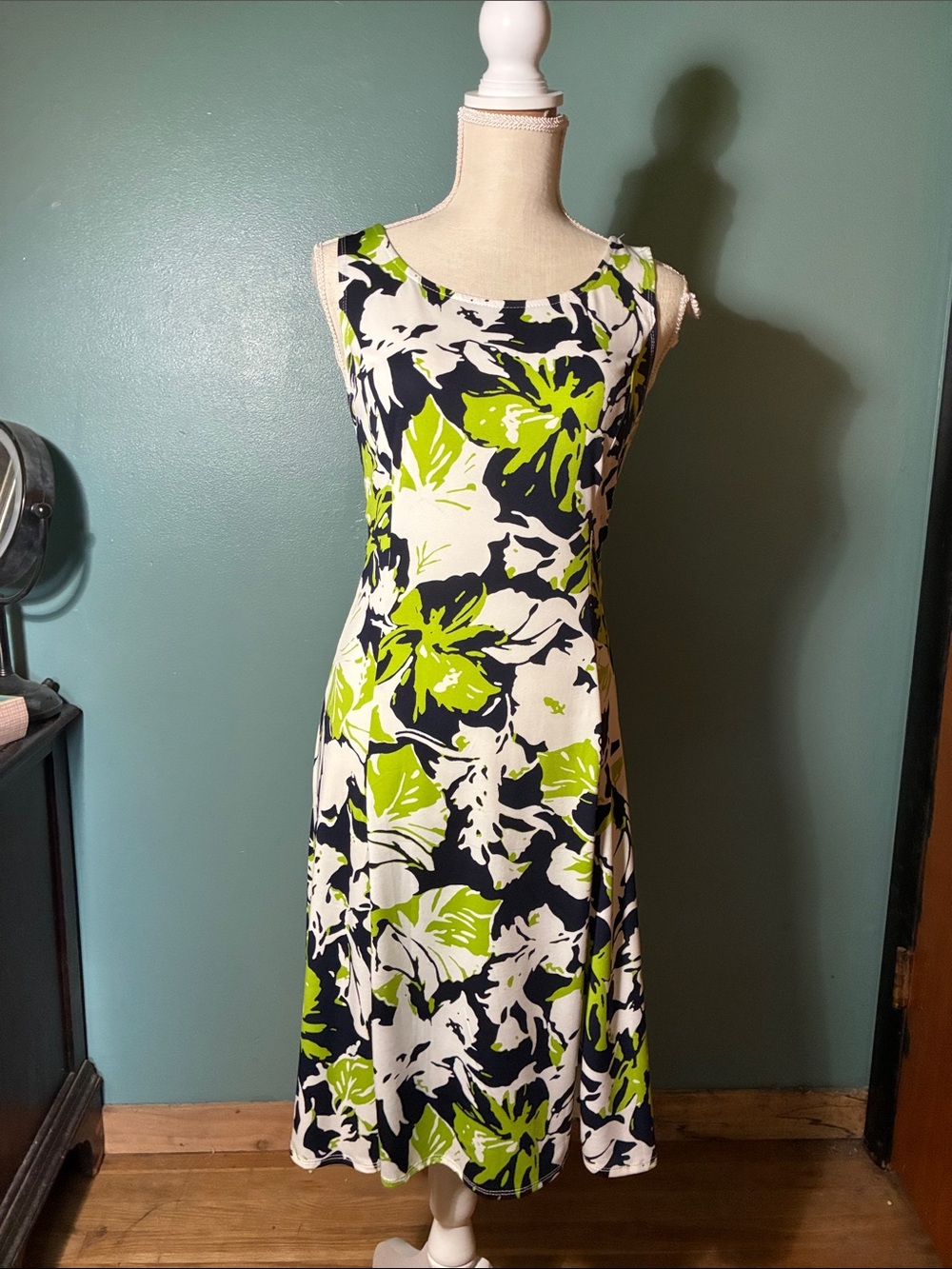 Perceptions Lime Green, Black & White Floral Midi Dress